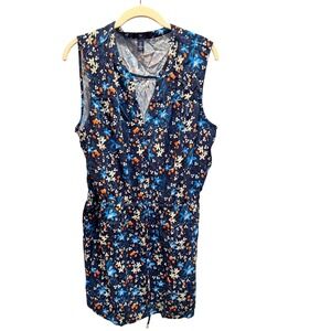 Gap Women Floral Sleeveless Dress Navy Blue Orange Blue L Elastic Tie Waist